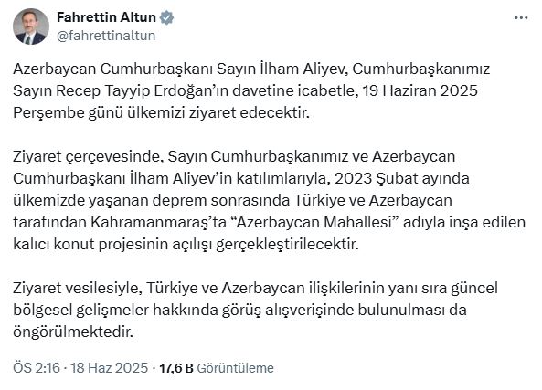 Azerbaycan Cumhurbaşkanı Aliyev, Türkiye’ye geliyor