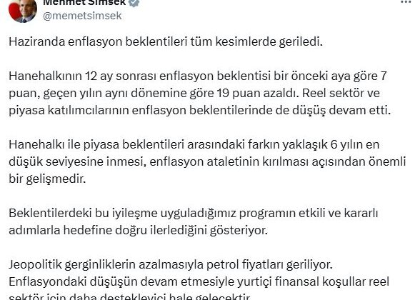 Bakan Şimşek: Enflasyon beklentileri tüm kesimlerde geriledi