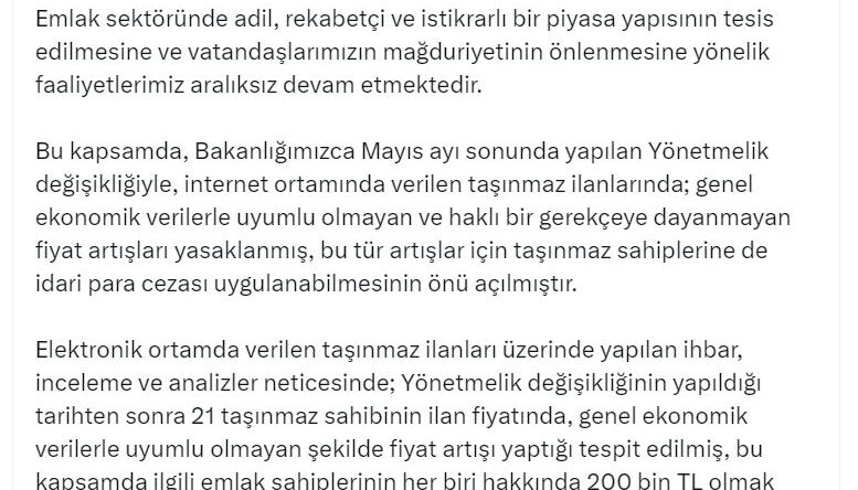 Bakanlıktan emlakta fahiş fiyata 4.2 milyon lira ceza