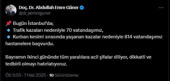 İstanbul – İstanbul İl Sağlık Müdürü Güner: Kurban kesimi sırasında yaşanan kazalar nedeniyle 814 vatandaşımız hastanelere başvurdu
