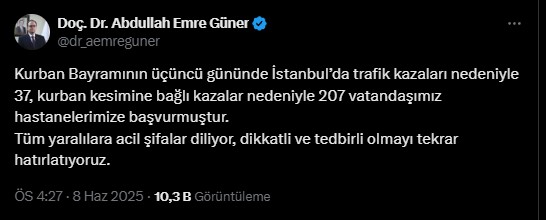 İstanbul – İstanbul İl Sağlık Müdürü Güner: Kurban kesimine bağlı kazalar nedeniyle 207 vatandaşımız hastanelerimize başvurmuştur.