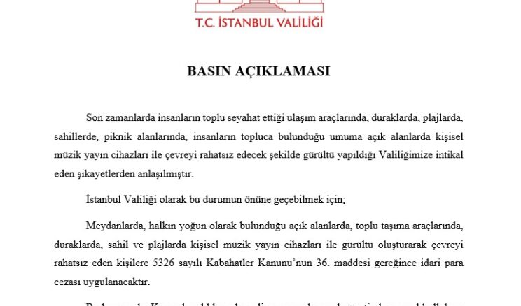 İstanbul Valiliği’nden ‘yüksek sesli müzik’ uyarısı: Para cezası uygulanacak